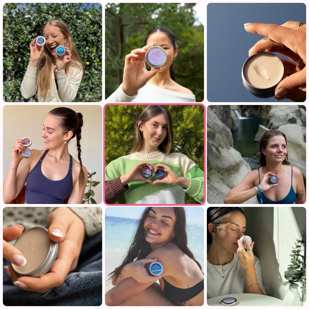 Nine No Pong customers holding their tins, one making a heart with her hands around two tins