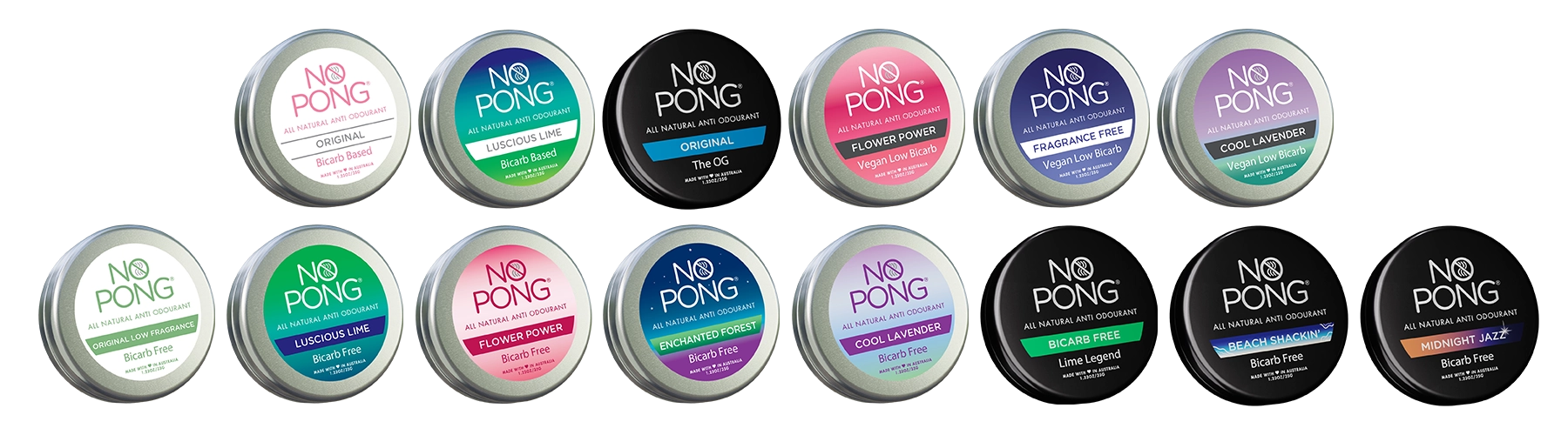 Every No Pong tin in the range, laid out