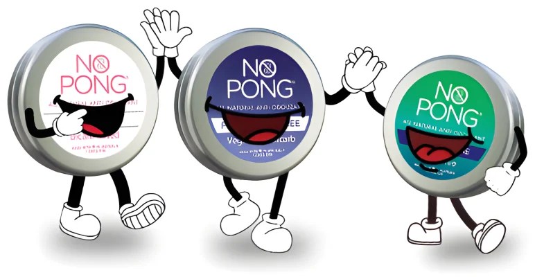Three No Pong tins with cartoon faces, arms and legs, high-fiving each other