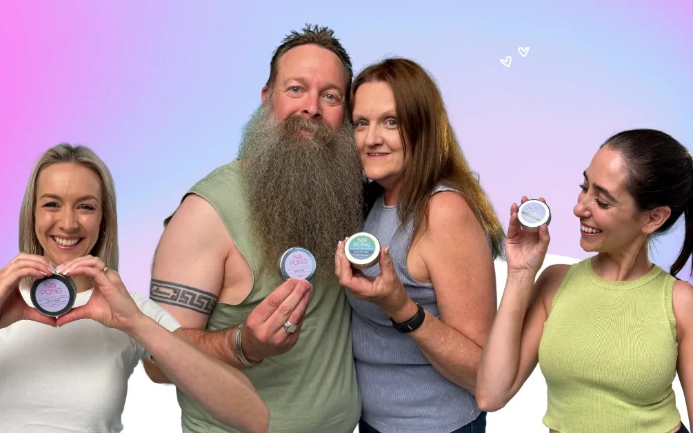 Four No Pong customers holding their tins